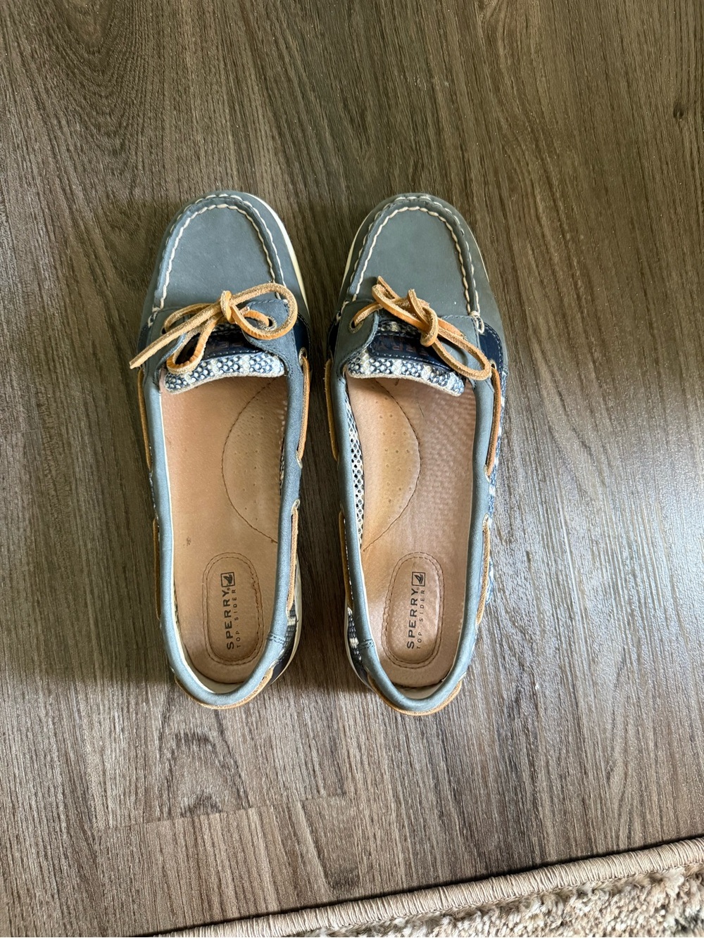 Sperry Gray Leather Moccasin Boat Shoes with Tan Laces